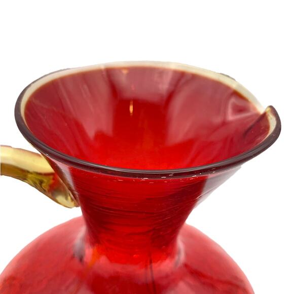 Vintage Rainbow Glass PITCHER Handblown Red Crackle Glass Yellow Handle VGC - Picture 9 of 12